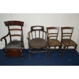 AN EARLY 20TH CENTURY MAHOGANY BOBBIN TURNED SMOKERS CHAIR, together with a Victorian mahogany