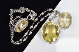 AN 18CT WHITE GOLD, CITRINE AND DIAMOND PENDANT AND MATCHING EARRINGS, the pendant designed as a