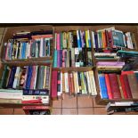 FIVE BOXES AND LOOSE BOOKS, of various subjects including Royality, music, religion, etc