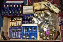 A BOX OF CASED AND LOOSE CUTLERY AND FLATWARE, etc, including a tin containing two £5 coins and