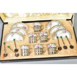 A CASED 1920'S AYNSLEY BONE CHINA AND SILVER COFFEE SET, comprising six coffee cans and saucers,