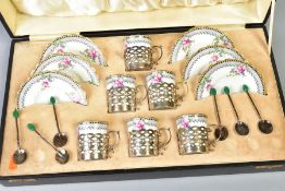 A CASED 1920'S AYNSLEY BONE CHINA AND SILVER COFFEE SET, comprising six coffee cans and saucers,