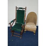 AN EDWARDIAN MAHOGANY AMERICAN ROCKING CHAIR together with gilt painted Lloyd Loom bedroom chair (