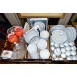 THREE BOXES OF CERAMICS AND GLASSWARES, to include a 'Prestige Porcelain by Excel' dinner service (