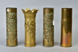 FOUR BRASS SHELL CASES, three of which are trench art, to include one named and dated PAISSY1917