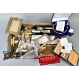 A BOX OF PLATED CUTLERY, FRAMES etc, to include a single row, uniform cultured pearl necklace, a