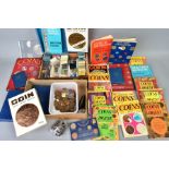 A BOX OF COINS AND COIN RELATED BOOKS, to include a high grade 1887 crown coin, etc