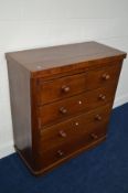 A VICTORIAN MAHOGANY CHEST OF TWO SHORT AND THREE LONG DRAWERS, width 97cm x depth 44cm x height