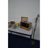 A MODERN BRASSED UPLIGHTER, together with a boxed electric sewing machine and four garden pots (6)