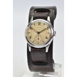 A STAINLESS STEEL INDIAN CIVIL SERVICE WEST END WATCH CO/LONGINES WRISTWATCH, silver tone dial