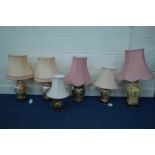 SIX VARIOUS MODERN TABLE LAMPS including five Oriental style lamps, all with fabric shades