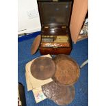 A LATE 19TH CENTURY AND LATER WALNUT CASED POLYPHON, plain square case, the interior has been