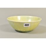 A RUSKIN POTTERY BOWL IN YELLOW/BLUE CRYSTALLINE GLAZE, impressed marks, no date, diameter 19.5cm