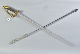 MILITARY SWORD, possibly late Victorian/early 20th century, rayskin/wire grip, but brass handguard