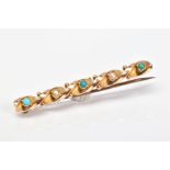 A GEM SET BAR BROOCH, designed as a spiral bar collet set with a row of five split pearls and