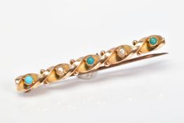 A GEM SET BAR BROOCH, designed as a spiral bar collet set with a row of five split pearls and