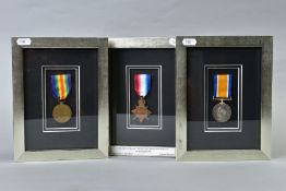 THREE WW1 MEDALS, all individually glazed and framed as follows, 1914-15 Star, named to Pte 949