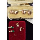 TWO PAIRS OF GOLD PLATED EARRINGS AND A PAIR OF CUFFLINKS, to include a pair of seed pearl and