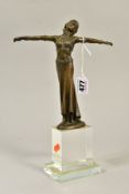 AN ART DECO STYLE BRONZE FIGURE OF A LADY, arms outstretched, signed Masier, mounted on a glass
