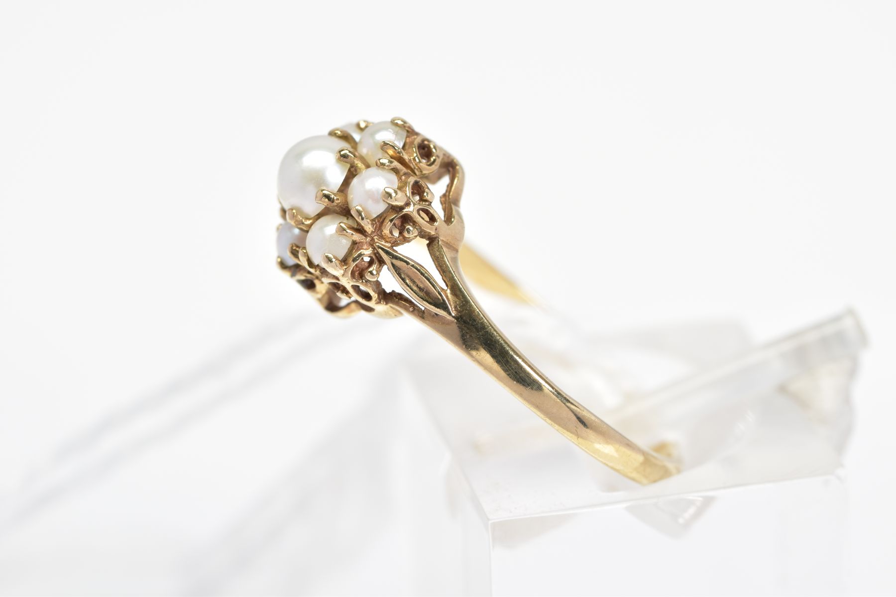 A 9CT GOLD SPLIT PEARL CLUSTER RING, designed as a tiered cluster of claw set split pearls to the - Image 2 of 3