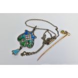 AN EARLY 20TH CENTURY SILVER ENAMEL PENDANT NECKLACE AND GOLD GEM SET STICKPIN, the pendant of