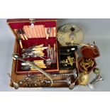 A BOX OF METALWARES, including cased and loose cutlery, boxed reproduction brass scientific