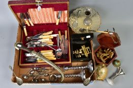 A BOX OF METALWARES, including cased and loose cutlery, boxed reproduction brass scientific