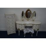 A CREAM AND GILT THREE PIECE BEDROOM SUITE, comprising a kidney dressing table with a triple mirror,