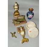 A BOX OF METALWARES, GILTWOOD, etc, including a pair of late 19th Century garnitures (one