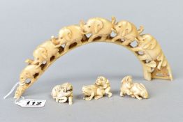 THREE MEIJI PERIOD IVORY ANIMAL NETSUKES, including a hog and two hares, both with indistinct