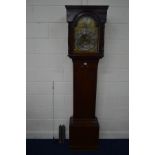 A GEORGE III OAK EIGHT DAY LONGCASE CLOCK, the plain hood with twin cylindrical uprights flanking an