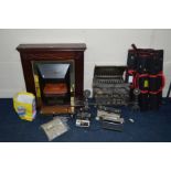 A MODERN MAHOGANY FIRE PLACE, together with an electric fire, four vintage radios and six cased