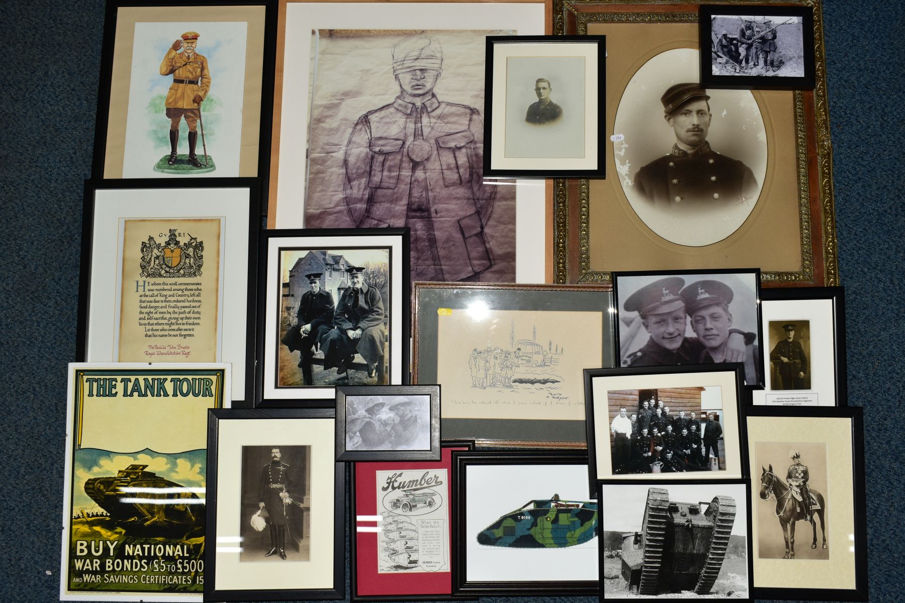 A BOX CONTAINING A NUMBER OF WWI RELATED PRINTS AND PHOTOS all framed including soldier to be shot
