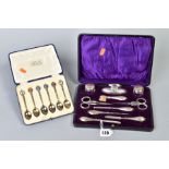 A GEORGE V SILVER MOUNTED MANICURE SET IN FITTED CASE, Birmingham and Chester 1913, some pieces worn
