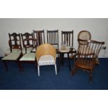 AN ASSORTMENT OF ELEVEN VARIOUS CHAIRS, to include a triple legged stool, rocking chair, etc (11)