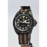 A PVD TREATED STAINLESS STEEL MILITARY ISSUED CABOT WATCH COMPANY DIVER'S WRISTWATCH, black dial
