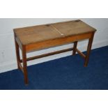 A MID 20TH CENTURY OAK DOUBLE SCHOOL DESK, width 107cm x depth 44cm x height 68cm