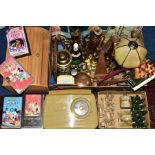 TWO BOXES AND LOOSE SUNDRY ITEMS, including table lamp, candlesticks, chess pieces, Bush radio, 'The