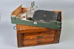 A BOX OF SILVER PLATE, including cased cutlery and a six bottle cruet set and an Edwardian oak