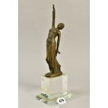 AN ART DECO STYLE BRONZE FIGURE OF A LADY, one arm raised, signed Masier, mounted on a glass base,