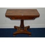 A VIICTORIAN ROSEWOOD FOLD OVER CARD TABLE, with canted front corners and circular baize interior on