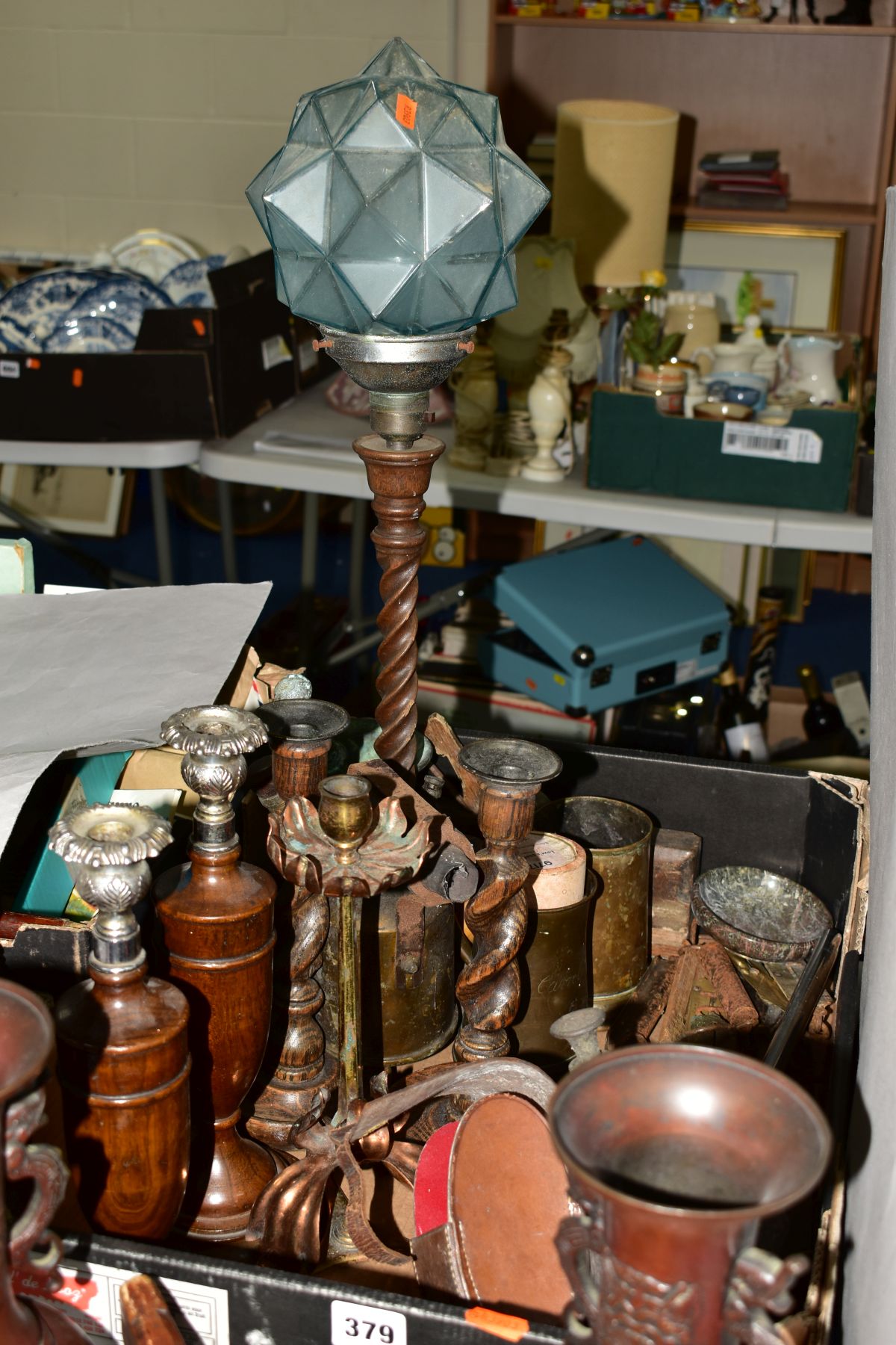 A PAIR OF JAPANESE BRONZED VASES, wooden twin handled vessel and a box of metalware and treen, - Image 9 of 9