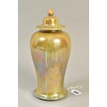 A RUSKIN POTTERY MEIPING VASE AND COVER, mottled yellow lustre glaze, impressed marks, dated 1927,