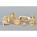 A GROUP OF SIX PIECES OF LATE 19TH/EARLY 20TH CENTURY IVORY CARVINGS, comprising a seed pod deeply