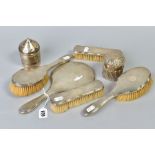A BOX OF DRESSING TABLE SILVER, comprising a five piece silver backed dressing table set, engraved