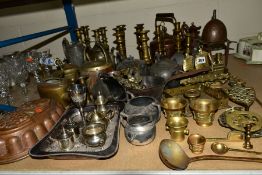 A QUANTITY OF BRASS, COPPER AND SILVER PLATE, including candlestick, tea pots, cruet items, etc (