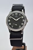 A STAINLESS STEEL OMEGA WRISTWATCH, black dial with Arabic numeral hour markers and subsidiary