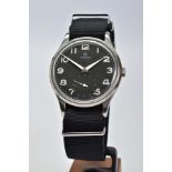 A STAINLESS STEEL OMEGA WRISTWATCH, black dial with Arabic numeral hour markers and subsidiary