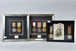 THREE GLAZED FRAMED OF MEDALS AS FOLLOWS, 1914-15 Star trio named to Dvr 30981 T.G.Clark R.F.A./