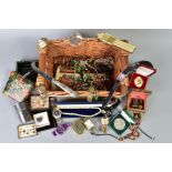 A BASKET OF MISCELLANEOUS ITEMS, to include two gem necklaces, fossil pendant, a silver handled